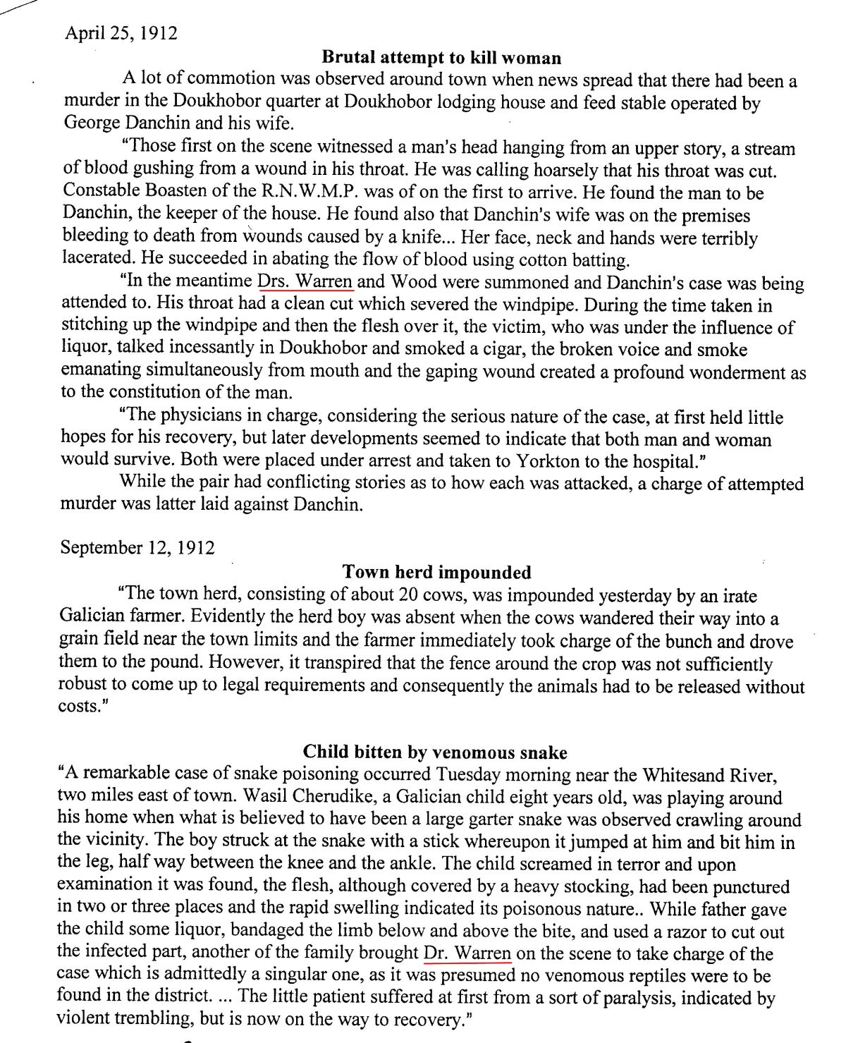 Anecdote 1 of Dr. John Warren at  Hugh Waddel Memorial Hospital in Canora Saskatchewan 